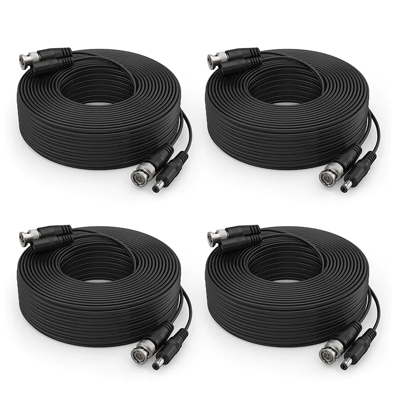 Premium Mini RG59 4K Security Camera Video Power Cable, 100 Feet for Any Analog Camera (4-Pack, BNC & RCA Connectors Included)