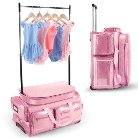 28" Dance Bag with Garment Rack – Glitter Blue Rolling Dance Competition Bag, 120L Expandable Storage, Collapsible Costume Rack Suitcase for Dancers
