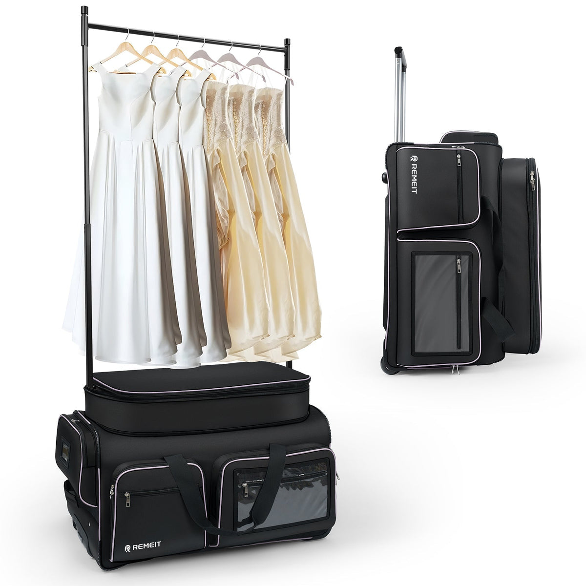 Dance Bag with Garment Rack, 28" Dance Costumes Rolling Garment Bags For Travel, Garment Duffle Bag For Dance Competition Travel Bag with Garment Rack (Black with Light Purple Trim)