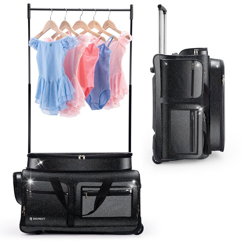 28" Dance Bag with Garment Rack – Glitter Blue Rolling Dance Competition Bag, 120L Expandable Storage, Collapsible Costume Rack Suitcase for Dancers