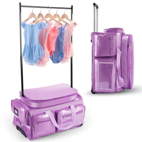28" Dance Bag with Garment Rack – Glitter Blue Rolling Dance Competition Bag, 120L Expandable Storage, Collapsible Costume Rack Suitcase for Dancers
