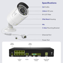 4K 8-Channel PoE Security Camera System, 8MP 10CH NVR 4 3MP Bullet CCTV IP Cameras, Audio Recording, Motion Detection