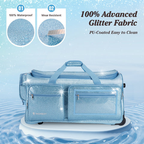 28" Dance Bag with Garment Rack – Glitter Blue Rolling Dance Competition Bag, 120L Expandable Storage, Collapsible Costume Rack Suitcase for Dancers