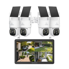 4MP WLAN-Überwachungssystem mit 10,1" LCD-Monitor, 10-Kanal NVR  mit integrierter microSD-Karte & 4 PTZ-Solarkameras, KI + PIR-Personenerkennung, Zwei-Wege-Audio, 8000-mAh-Akku, Farbnachtsicht, 270° Schwenken & 90° Neigen, Alexa-kompatibel