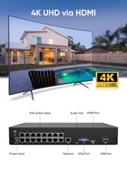 4K 16 Channel H.265+ PoE NVR, ONVIF Supported, Audio Recording, Human/Vehicle Detection, Support Up to 12TB Hard Drive