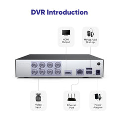 8 Channel 5MP Wired Security Camera System - Hybrid DVR, 8pcs 2MP Bullet Cameras, Outdoor & Indoor, Smart Motion Detection, Remote Access
