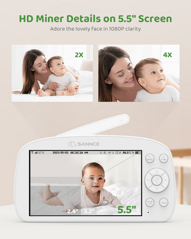 SANNCE 1080p HD Video Baby Monitor with Camera, 5.5" Larger Display TFT LCD, 340°Pan & 50°Tilt, 4X Zoom, Voice & Motion & Temperature Detection, Feeding Reminder, Relaxing Lullabies, 5000mAh Battery