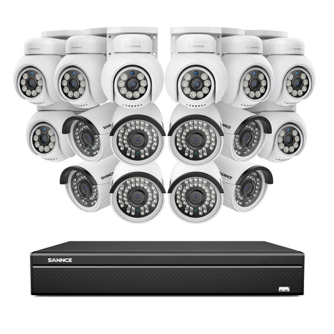 16 Channel 4K H.265+ PoE NVR System - 16x 8MP Outdoor Cameras (8 PTZ + 8 Bullet), AI Human/Vehicle Detection, Two-Way Audio, ONVIF Compliant