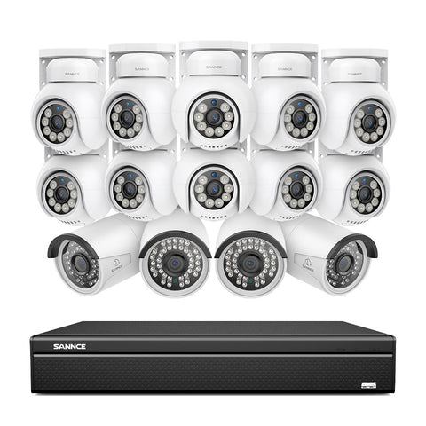 16 Channel 4K PoE Bullet & PT Security Camera System, 8MP Outdoor PoE IP Cameras, Pan & Tilt, ONVIF Supported NVR, Two-Way Audio, Smart Human/Vehicle Detection (4x IP Cameras+10x PT Cameras)