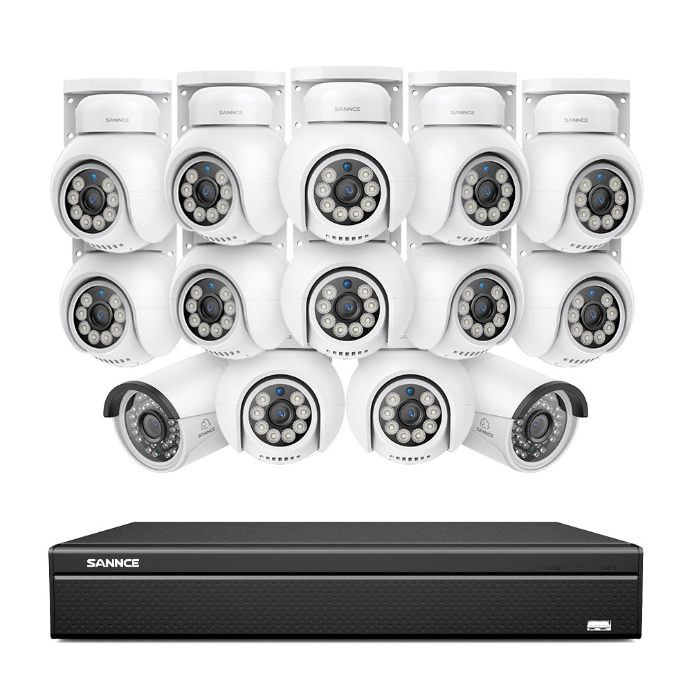 16 Channel 4K PoE Bullet & PT Security Camera System, 8MP Outdoor PoE IP Cameras, Pan & Tilt, ONVIF Supported NVR, Two-Way Audio, Smart Human/Vehicle Detection (2x IP Cameras+12x PT Cameras)