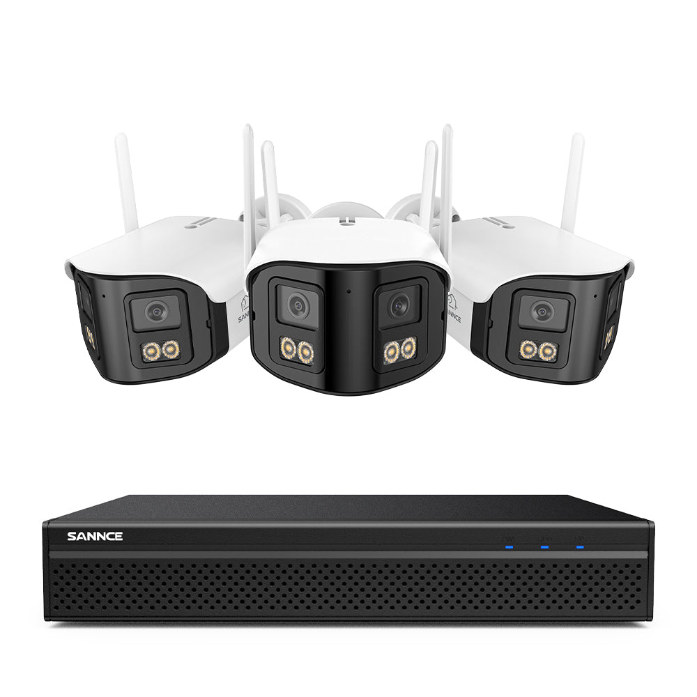 FDQ400 Sistema de cámaras de seguridad PoE 4K de 10 canales con doble lente, NVR de 8 MP + 3 cámaras IP de 4 MP WiFi + PoE, gran angular de 170°, visión nocturna a todo color con muy poca luz, audio bidireccional y detección de personas mediante IA