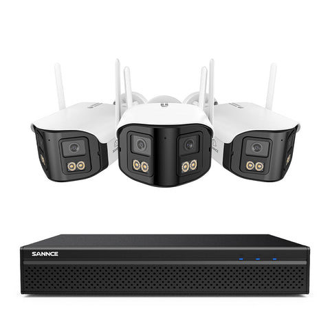 FDQ400 Sistema de cámaras de seguridad PoE 4K de 10 canales con doble lente, NVR de 8 MP + 3 cámaras IP de 4 MP WiFi + PoE, gran angular de 170°, visión nocturna a todo color con muy poca luz, audio bidireccional y detección de personas mediante IA