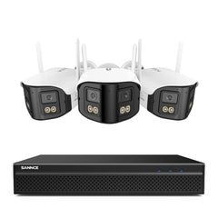 FDQ400 Sistema de cámaras de seguridad PoE 4K de 10 canales con doble lente, NVR de 8 MP + 3 cámaras IP de 4 MP WiFi + PoE, gran angular de 170°, visión nocturna a todo color con muy poca luz, audio bidireccional y detección de personas mediante IA