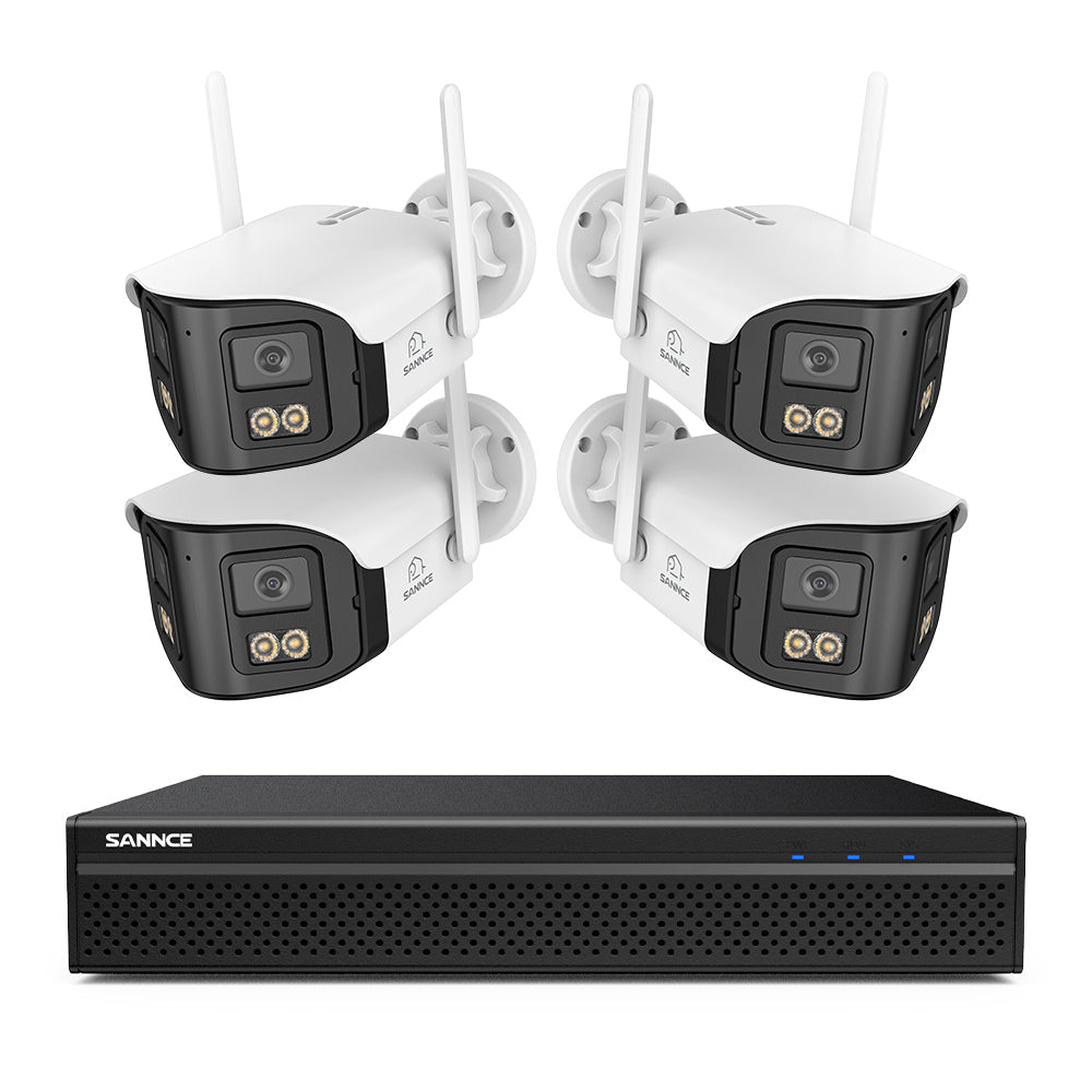 FDQ400 Sistema de cámaras de seguridad PoE 4K de 10 canales con doble lente, NVR de 8 MP + 4 cámaras IP de 4 MP WiFi + PoE, gran angular de 170°, visión nocturna a todo color con muy poca luz, audio bidireccional, detección de personas mediante IA