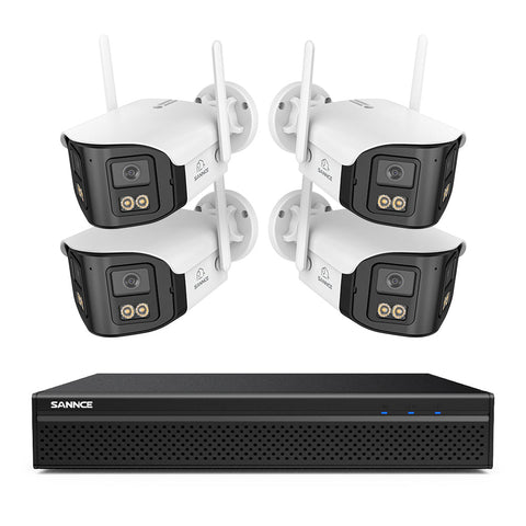 FDQ400 Sistema de cámaras de seguridad PoE 4K de 10 canales con doble lente, NVR de 8 MP + 4 cámaras IP de 4 MP WiFi + PoE, gran angular de 170°, visión nocturna a todo color con muy poca luz, audio bidireccional, detección de personas mediante IA