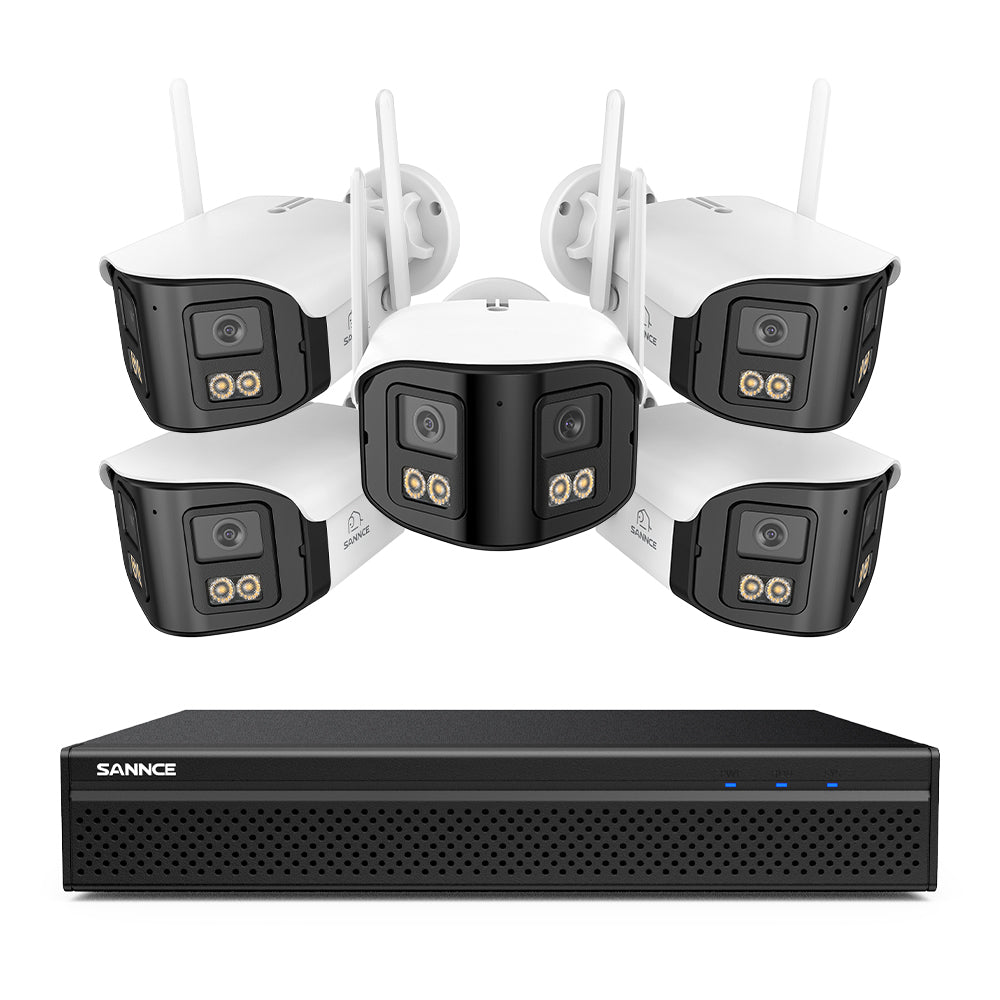 FDQ400 Sistema de cámaras de seguridad PoE 4K de 10 canales con doble lente, NVR de 8 MP + 5 cámaras IP de 4 MP WiFi + PoE, gran angular de 170°, visión nocturna a todo color con muy poca luz, audio bidireccional, detección de personas mediante IA
