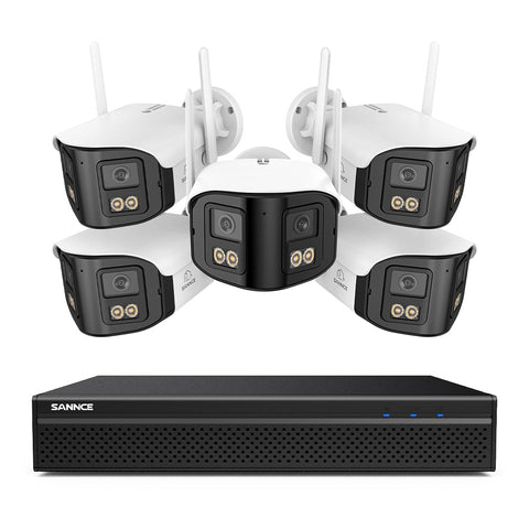FDQ400 Sistema de cámaras de seguridad PoE 4K de 10 canales con doble lente, NVR de 8 MP + 5 cámaras IP de 4 MP WiFi + PoE, gran angular de 170°, visión nocturna a todo color con muy poca luz, audio bidireccional, detección de personas mediante IA