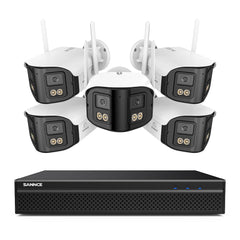 FDQ400 Sistema de cámaras de seguridad PoE 4K de 10 canales con doble lente, NVR de 8 MP + 5 cámaras IP de 4 MP WiFi + PoE, gran angular de 170°, visión nocturna a todo color con muy poca luz, audio bidireccional, detección de personas mediante IA