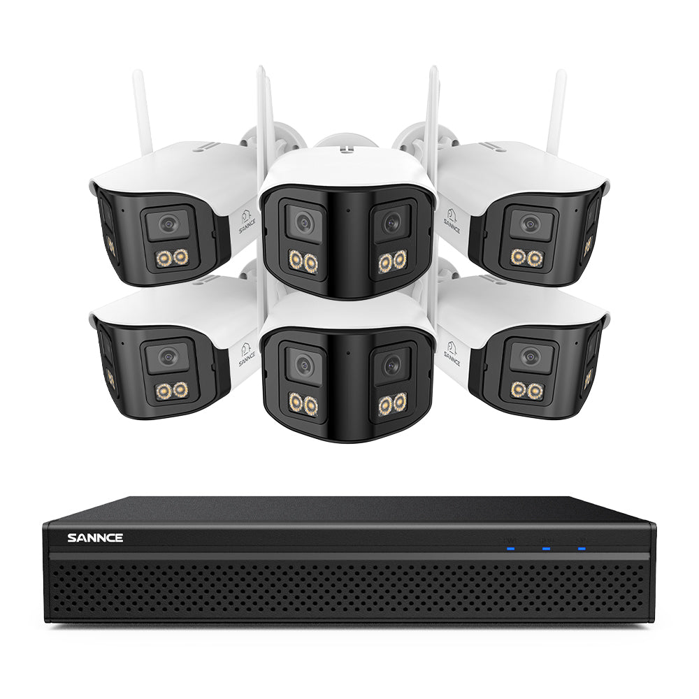 FDQ400 Sistema de cámaras de seguridad PoE 4K de 10 canales con doble lente, NVR de 8 MP + 6 cámaras IP de 4 MP WiFi + PoE, gran angular de 170°, visión nocturna a todo color con muy poca luz, audio bidireccional, detección de personas mediante IA