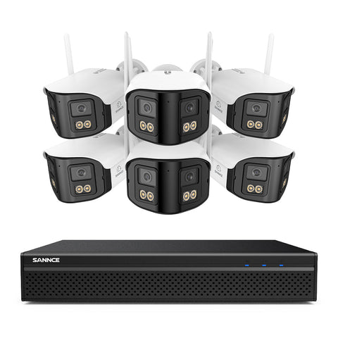 FDQ400 Sistema de cámaras de seguridad PoE 4K de 10 canales con doble lente, NVR de 8 MP + 6 cámaras IP de 4 MP WiFi + PoE, gran angular de 170°, visión nocturna a todo color con muy poca luz, audio bidireccional, detección de personas mediante IA