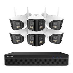 FDQ400 Sistema de cámaras de seguridad PoE 4K de 10 canales con doble lente, NVR de 8 MP + 6 cámaras IP de 4 MP WiFi + PoE, gran angular de 170°, visión nocturna a todo color con muy poca luz, audio bidireccional, detección de personas mediante IA