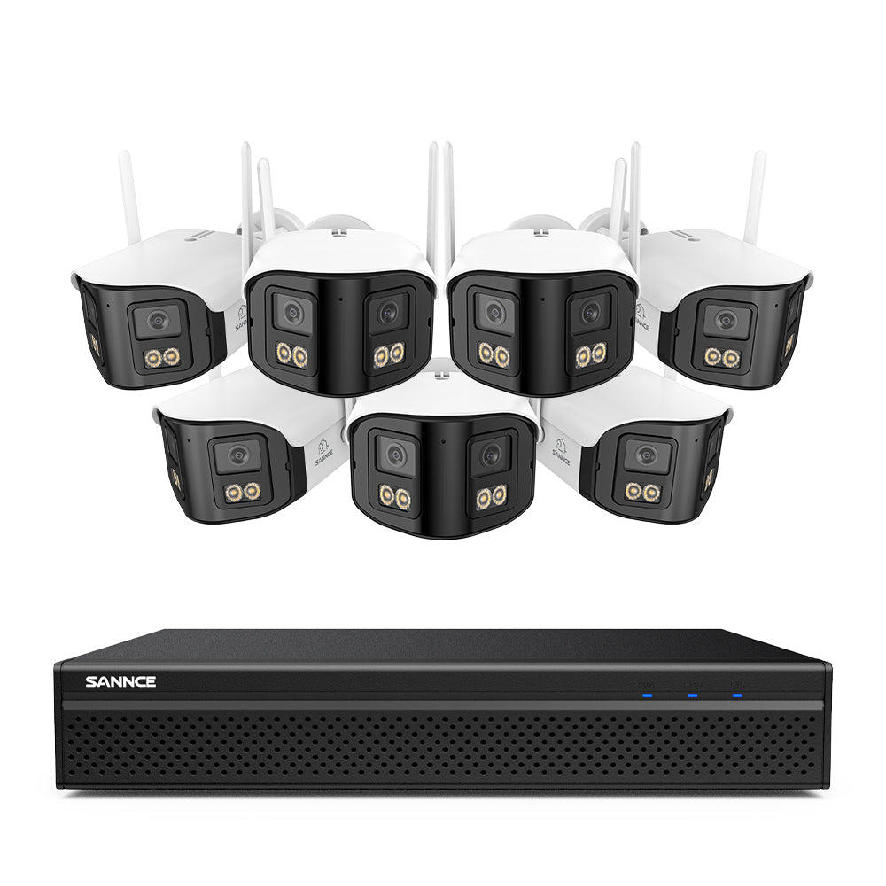 FDQ400 Sistema de cámaras de seguridad PoE 4K de 10 canales con doble lente, NVR de 8 MP + 8 cámaras IP de 4 MP WiFi + PoE, gran angular de 170°, visión nocturna a todo color con muy poca luz, audio bidireccional, detección de personas mediante IA