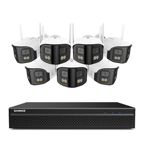 FDQ400 Sistema de cámaras de seguridad PoE 4K de 10 canales con doble lente, NVR de 8 MP + 8 cámaras IP de 4 MP WiFi + PoE, gran angular de 170°, visión nocturna a todo color con muy poca luz, audio bidireccional, detección de personas mediante IA