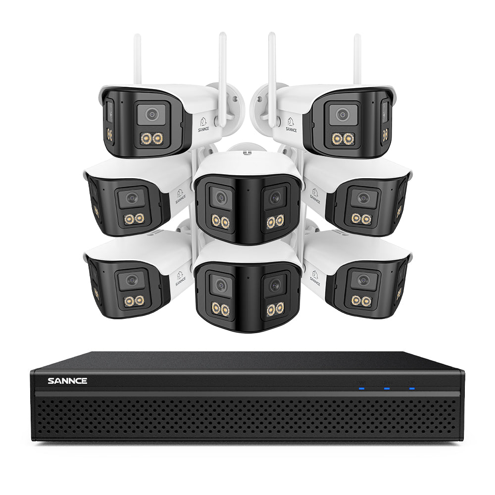 FDQ400 Sistema de cámaras de seguridad PoE 4K de 10 canales con doble lente, NVR de 8 MP + 8 cámaras IP de 4 MP WiFi + PoE, gran angular de 170°, visión nocturna a todo color con muy poca luz, audio bidireccional, detección de personas mediante IA