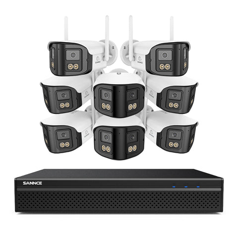 FDQ400 Sistema de cámaras de seguridad PoE 4K de 10 canales con doble lente, NVR de 8 MP + 8 cámaras IP de 4 MP WiFi + PoE, gran angular de 170°, visión nocturna a todo color con muy poca luz, audio bidireccional, detección de personas mediante IA