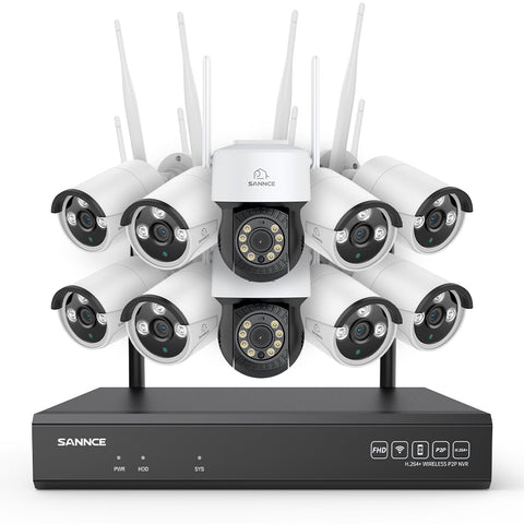3MP 16-Channel Wireless CCTV PT & Bullet Camera System, 8MP NVR, 3MP Pan & Tilt WiFi IP Cameras, Audio Recording, AI Human Detection, Work With Alexa (2xPT Camera, 8xBullet Camera and 8MP 16CH NVR)