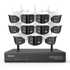 Sistema de cámara de seguridad inalámbrica de 16 canales 4MP, NVR de 8MP, 11 cámaras WiFi de doble lente, vista amplia de 170°, visión nocturna a color, detección de IA, Alexa