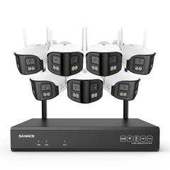 Sistema de cámara de seguridad inalámbrica de 4MP y 16 canales, NVR de 8MP, 7 cámaras WiFi de doble lente, vista amplia de 170°, visión nocturna a color, detección de IA, Alexa
