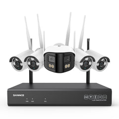 5MP 16-Channel Wireless CCTV System, 8MP NVR, WiFi IP Cameras, AI Audio, Human Detection, Works with Alexa (1x4MP Dual-Lens Camera + 4x3MP Night Vision Cameras)