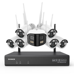 5MP 16-Channel Wireless CCTV System, 8MP NVR, WiFi IP Cameras, AI Audio, Human Detection, Works with Alexa (1x4MP Dual-Lens Camera + 6x3MP Night Vision Cameras)
