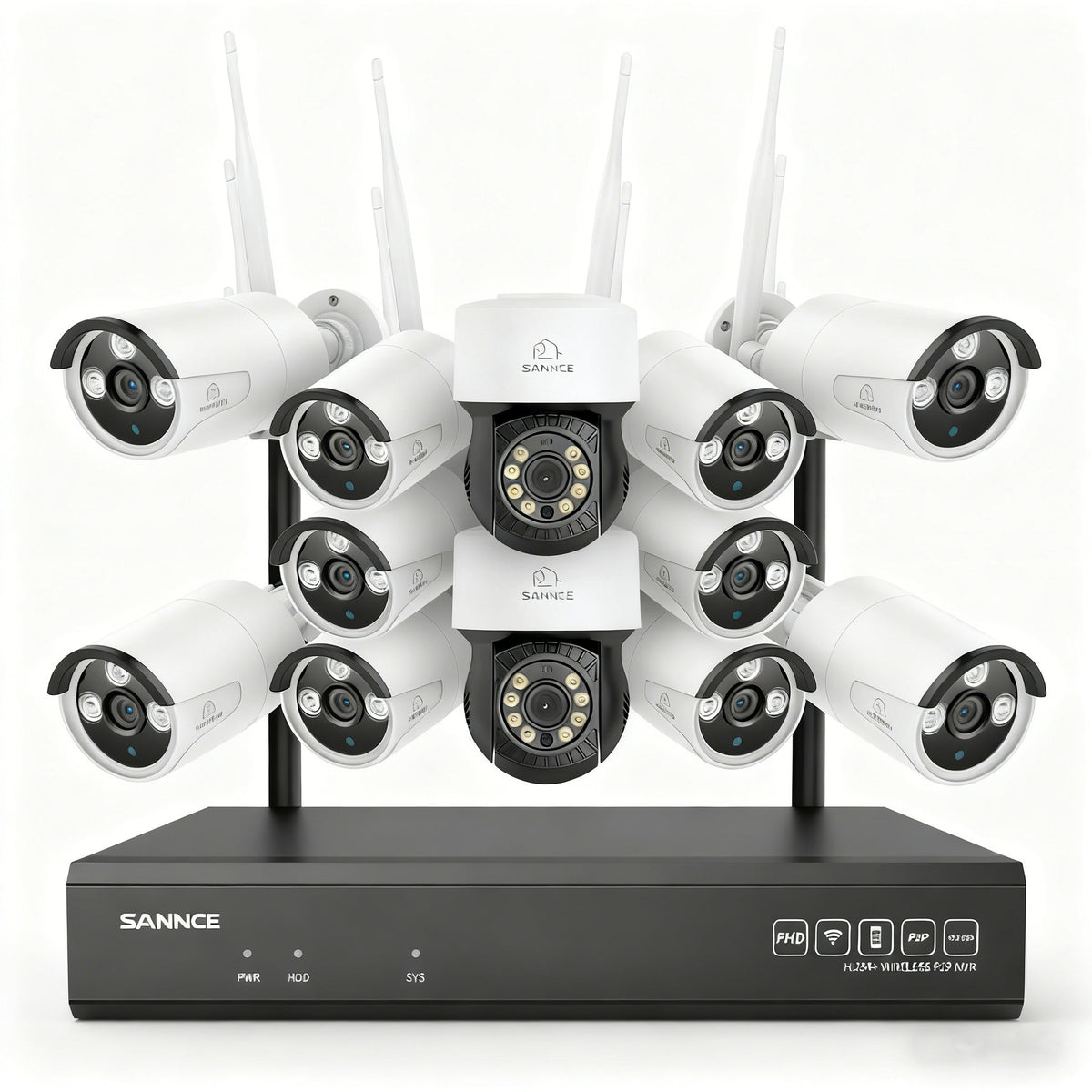 3MP 16-Channel Wireless CCTV PT & Bullet Camera System, 8MP NVR, 3MP Pan & Tilt WiFi IP Cameras, Audio Recording, AI Human Detection, Work With Alexa (2xPT Camera, 10xBullet Camera and 8MP 16CH NVR)