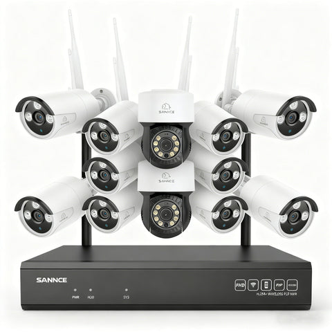 3MP 16-Channel Wireless CCTV PT & Bullet Camera System, 8MP NVR, 3MP Pan & Tilt WiFi IP Cameras, Audio Recording, AI Human Detection, Work With Alexa (2xPT Camera, 10xBullet Camera and 8MP 16CH NVR)